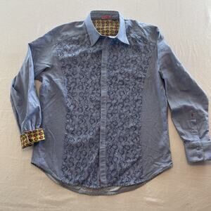 ROBERT GRAHAM Men's Sky Blue Cotton Jacquard Abstract Print Embroidered SZ XL